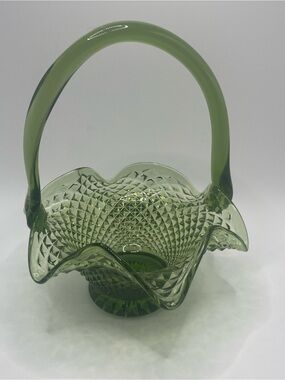 Green Glass Diamond-Pattern Basket with Handle